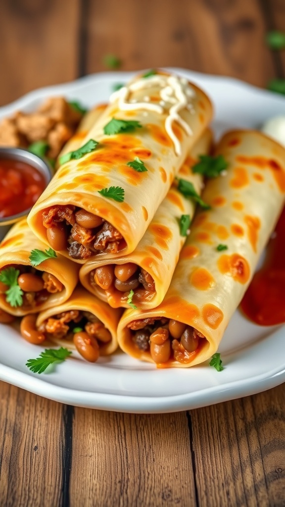 Delicious Beef and Bean Burritos served with salsa and sour cream on a wooden plate.